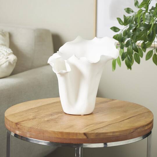 10.5" White Ceramic Abstract Floral Vase with Wavy Folded Rim